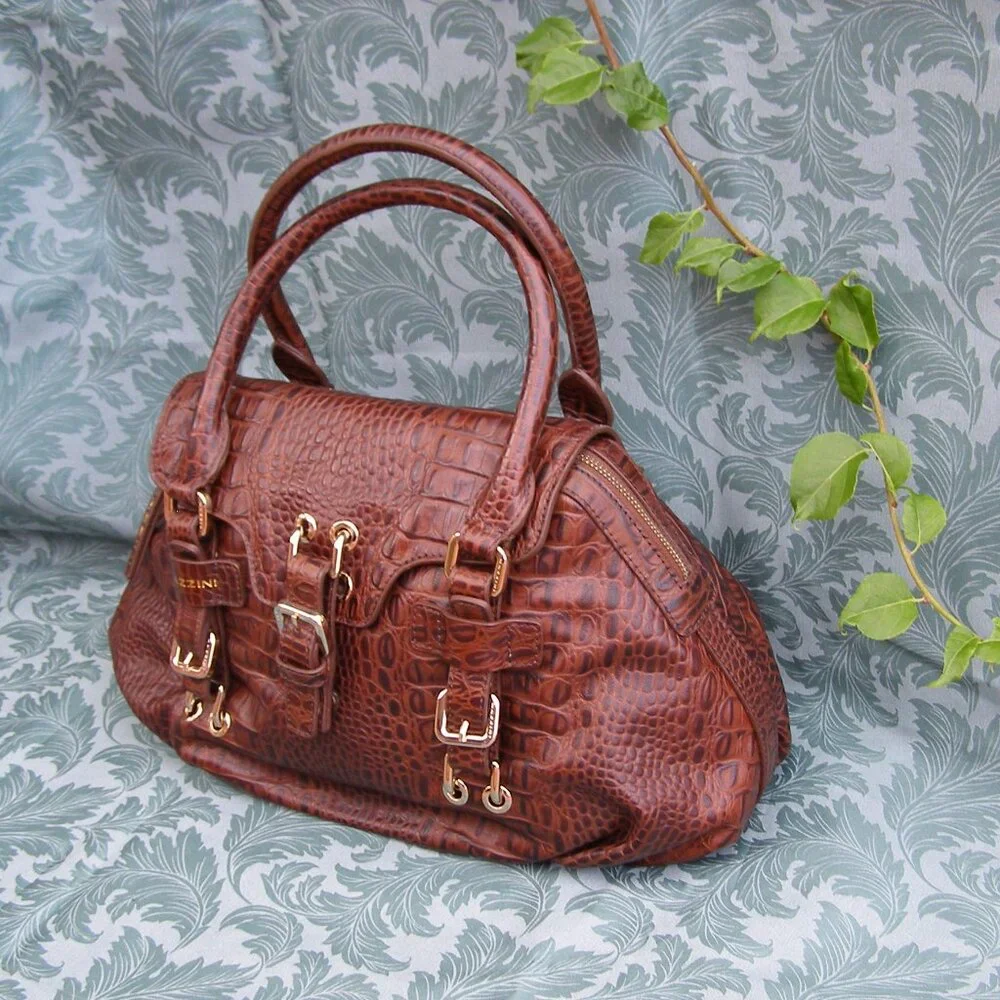 NEW MAZZINI Brown Leather Bag w/Tag Croc Embossed